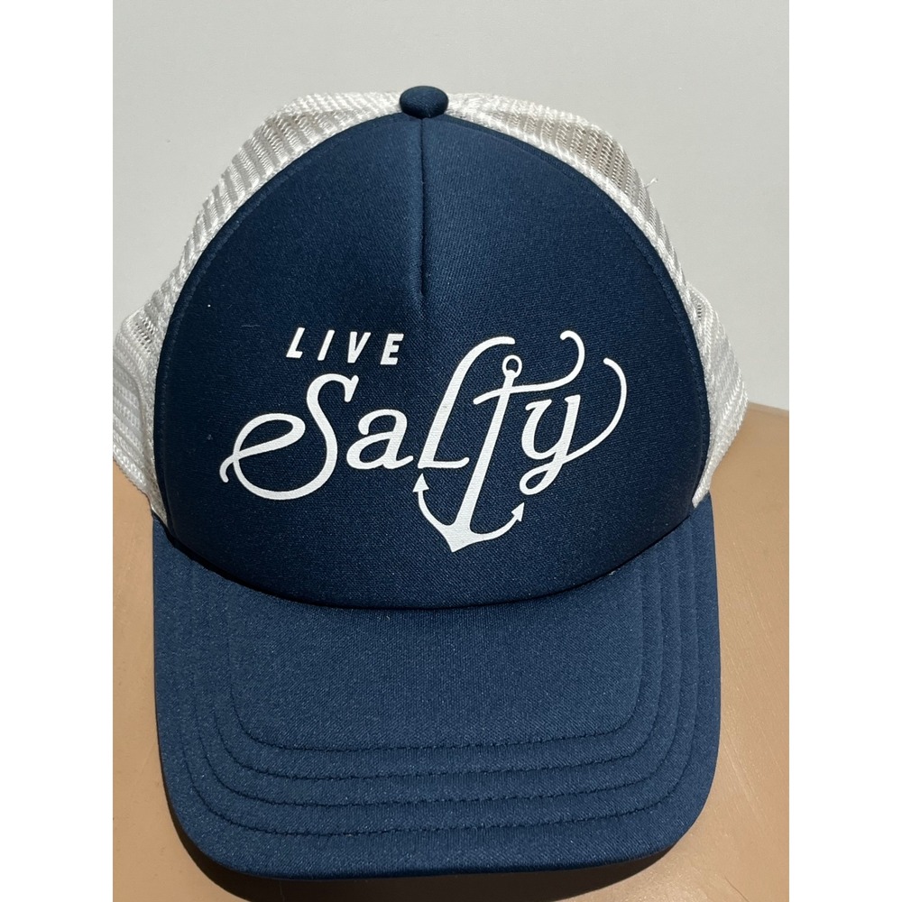 Salt Life Live Salty Trucker Hat Navy Blue White Anchor Graphic Snapback Cap